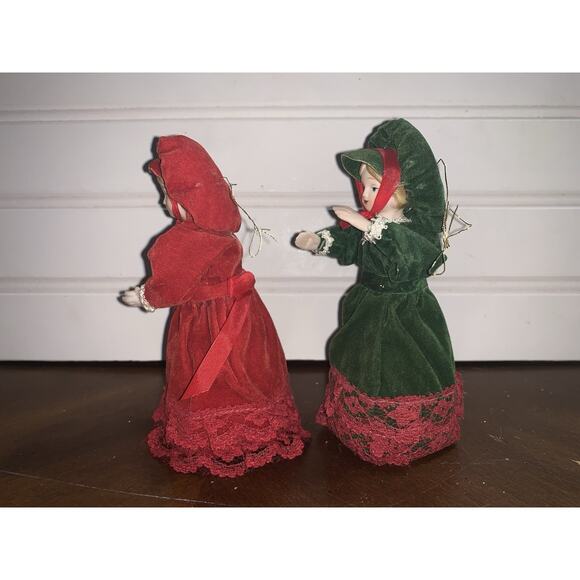 2 vintage Doll Christmas Carolers ornaments Velvet Dresses Ornaments - Picture 4 of 5